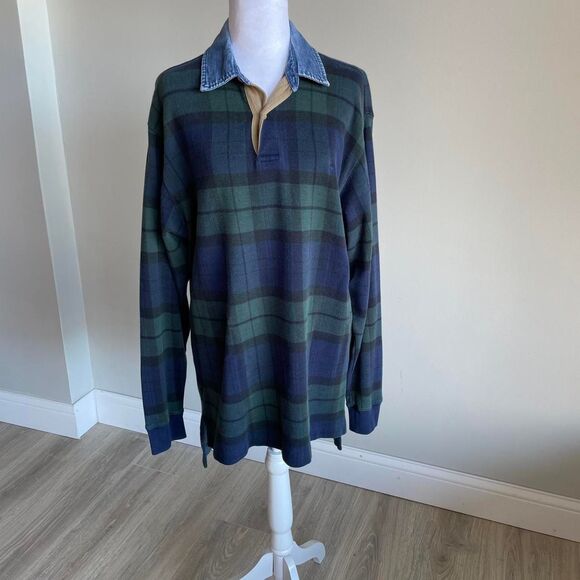 Vintage 90's Men's Medium Green and Navy Polo Shirt Denim Collar Rugby Bro Lad - Picture 2 of 8
